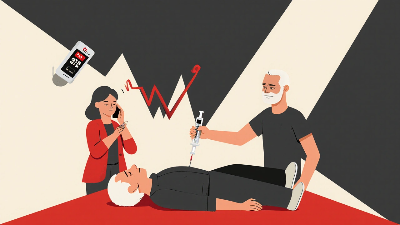 Caregiver giving glucagon to unconscious senior, CGM alerting on wall, family calling for help.