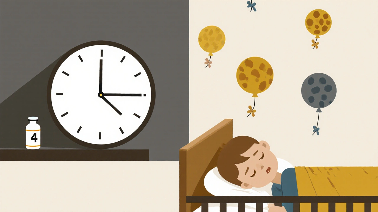 Clock showing 4 hours post-vaccine with medicine bottle out of reach and antibody shapes rising