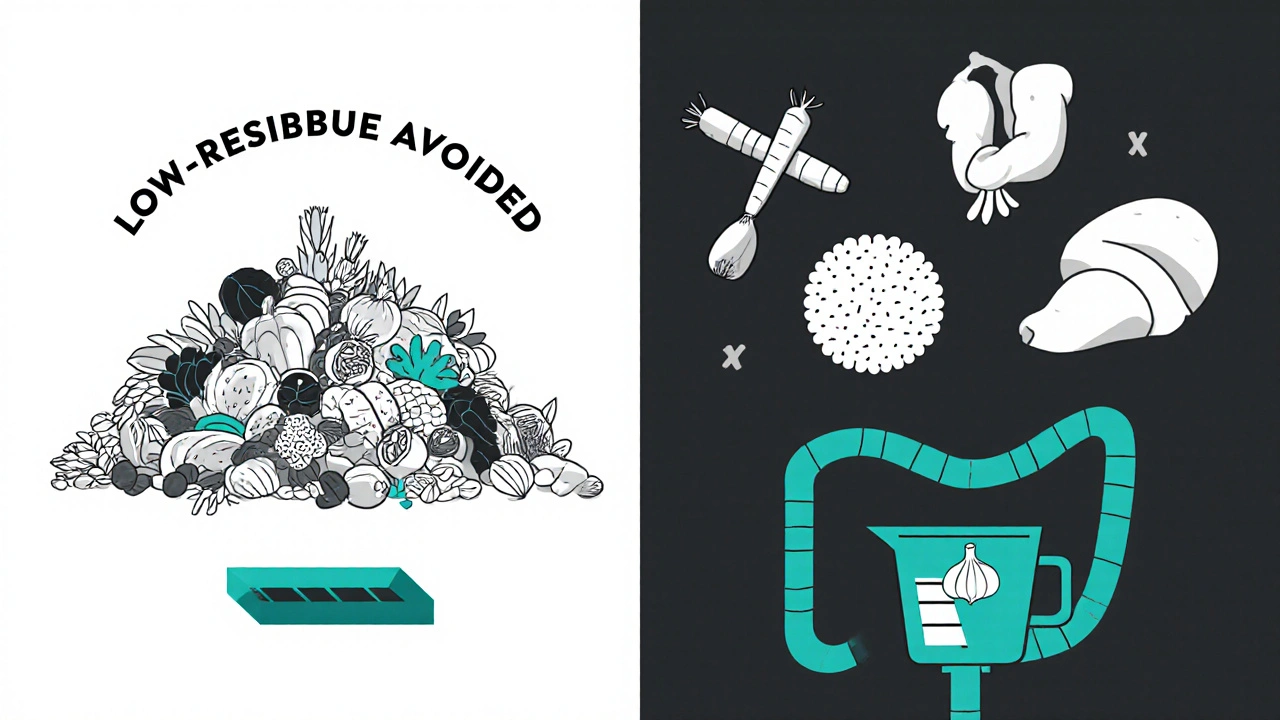 Contrasting chaotic high-fiber foods with ordered low-residue options in clean geometric style.