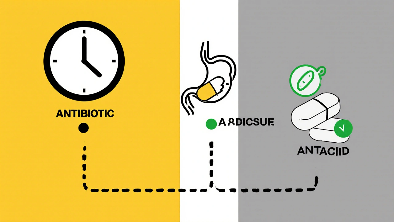 Daily schedule timeline showing antibiotic and antacid doses spaced two hours apart.
