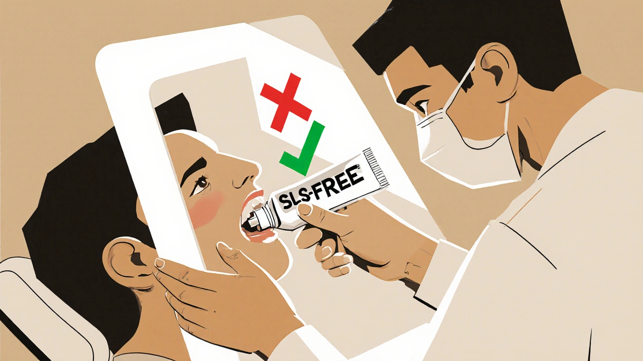 Dentist examining patient before cancer treatment, with SLS toothpaste crossed out and safe alternative marked.