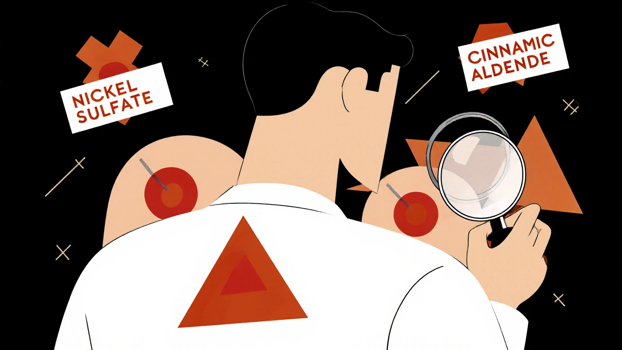 Dermatologist examining skin reactions with magnifying glass, abstract red allergy zones visible.