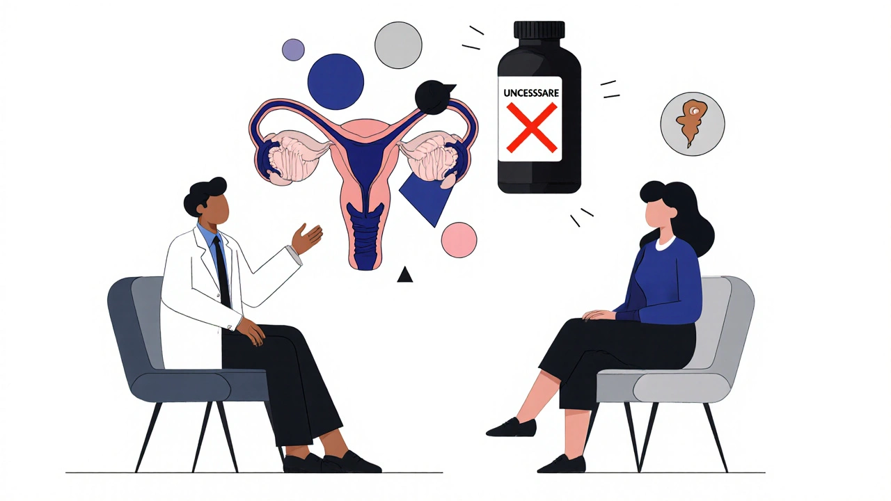 Doctor and patient discussing microbiome diagram, with unnecessary antibiotics crossed out in Bauhaus design.