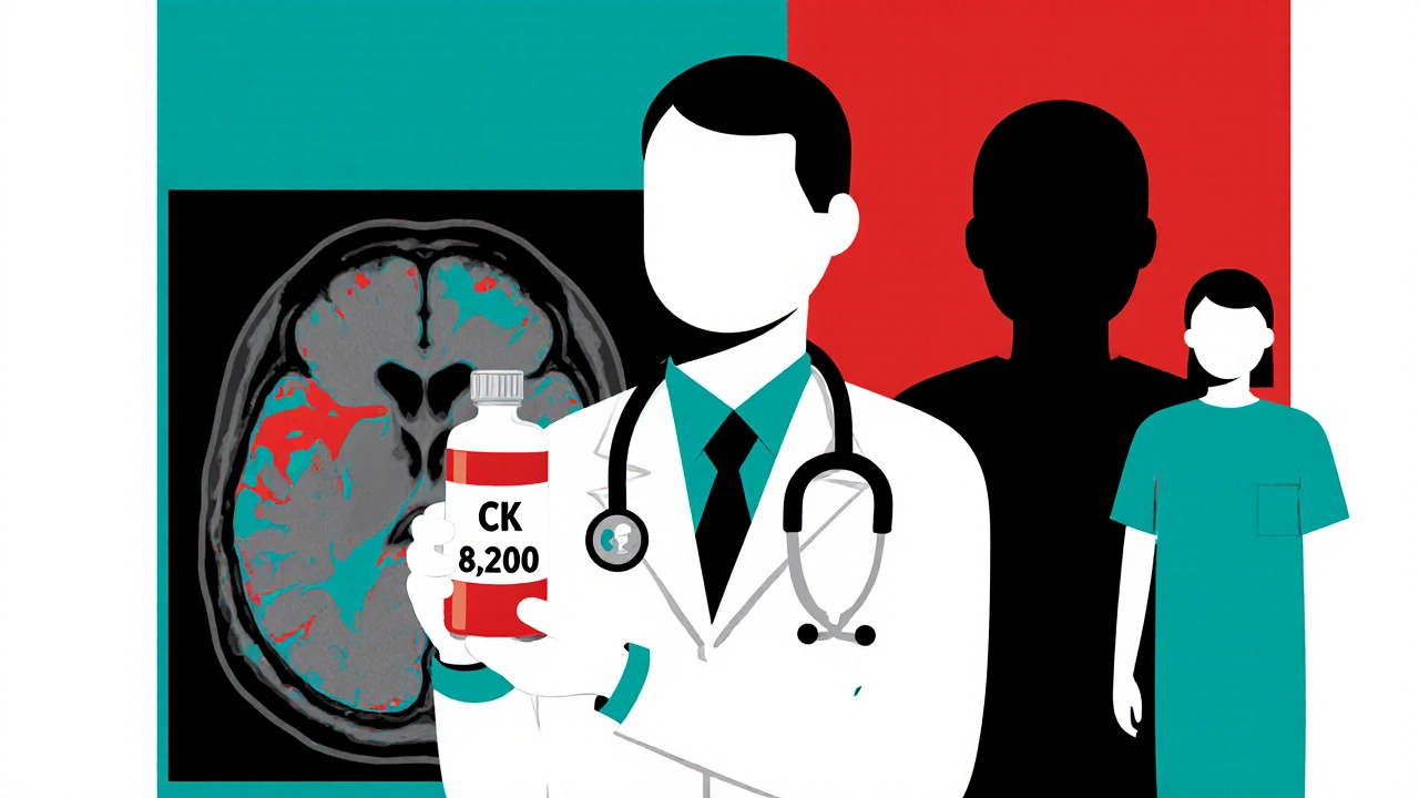 Doctor holding blood test next to MRI with cancer symbol looming behind patient