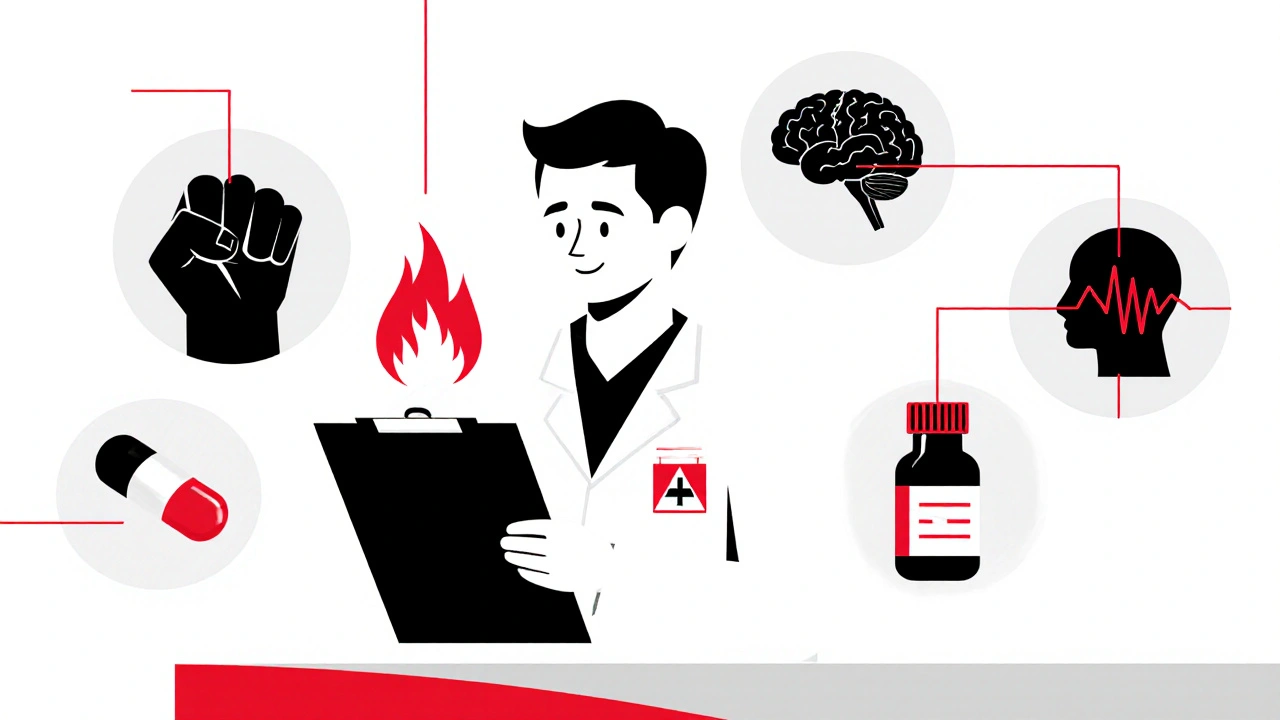 Doctor identifying NMS symptoms through abstract icons of rigidity, fever, and autonomic instability