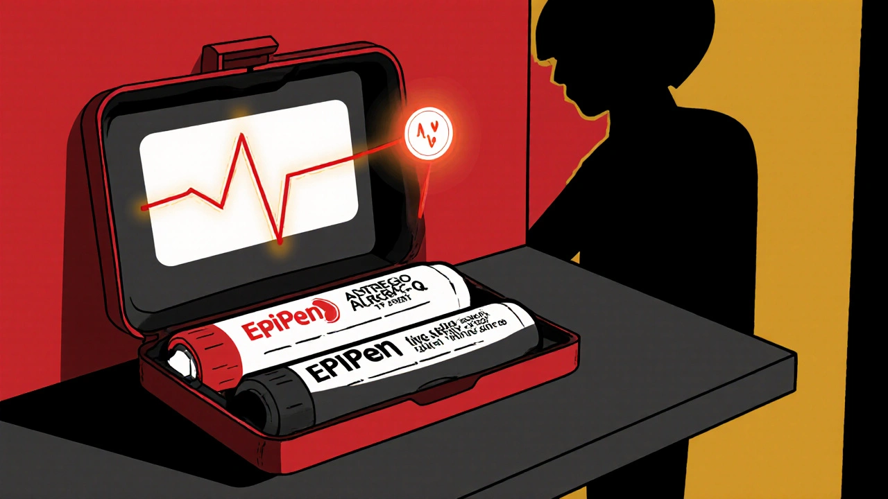 Dual epinephrine injectors in emergency kit with heartbeat line symbolizing life-saving readiness