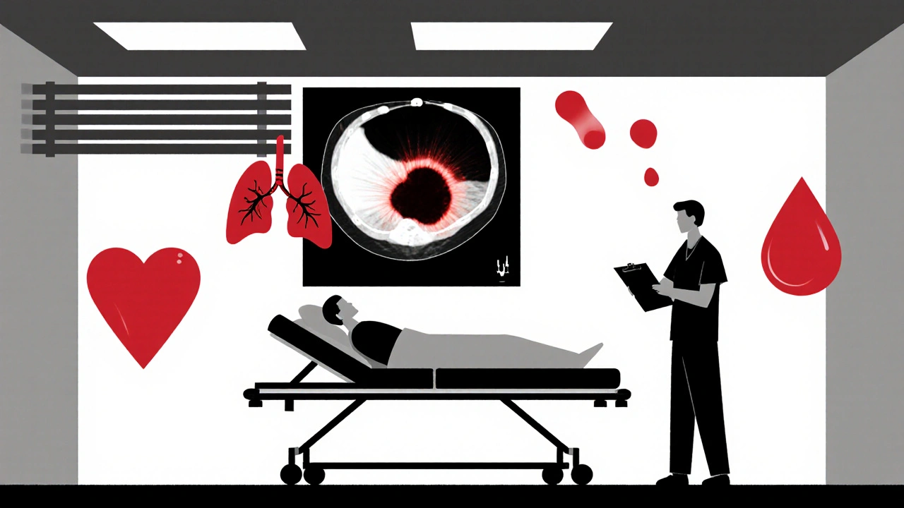 ER scene with patient and doctor, stylized CT scan showing a clot in a lung artery.