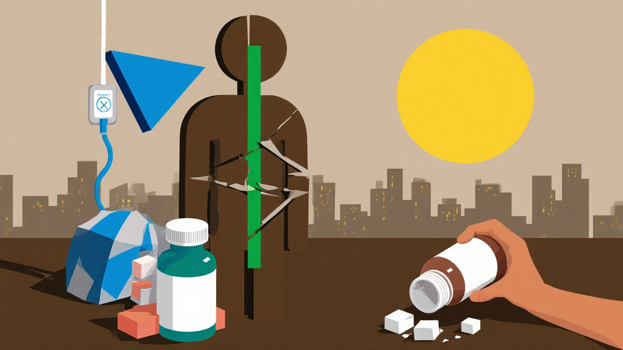 Fractured human figure reassembling with medical tools and safer medication in Bauhaus abstract style