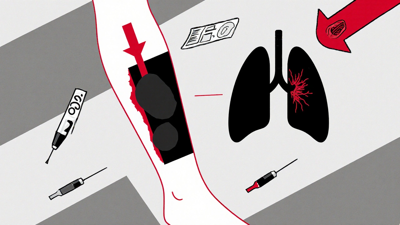 Leg with a clot connected by arrow to a damaged lung, surrounded by medical icons in abstract shapes.