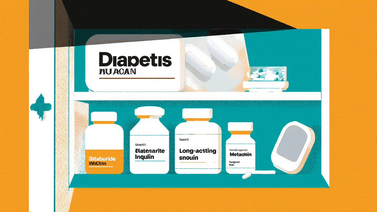 Medicine cabinet with dangerous diabetes pills vs. safer alternatives in geometric arrangement.