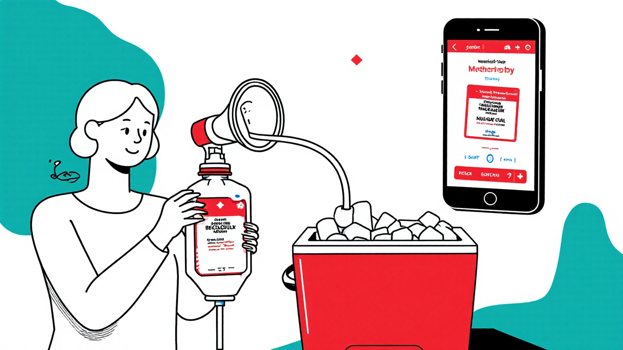 Mother pumping at work with labeled storage bag and portable cooler.