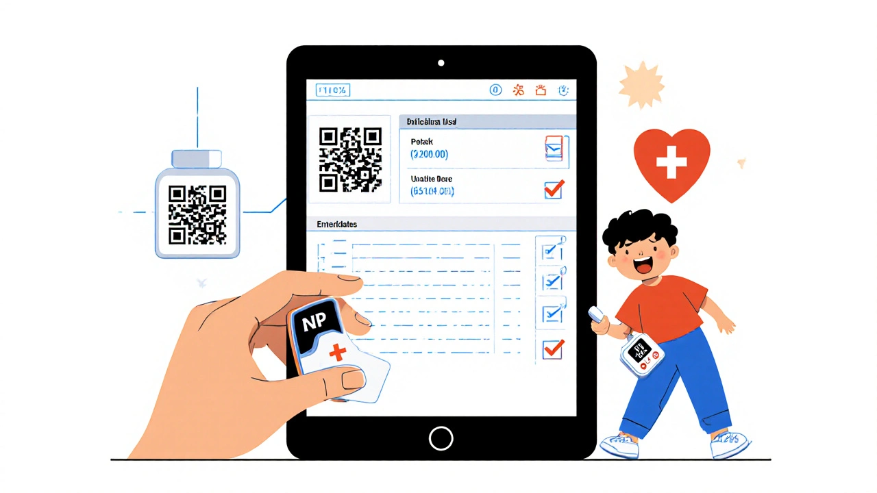 Nurse scanning pill QR code on tablet while child with diabetes monitor smiles nearby.