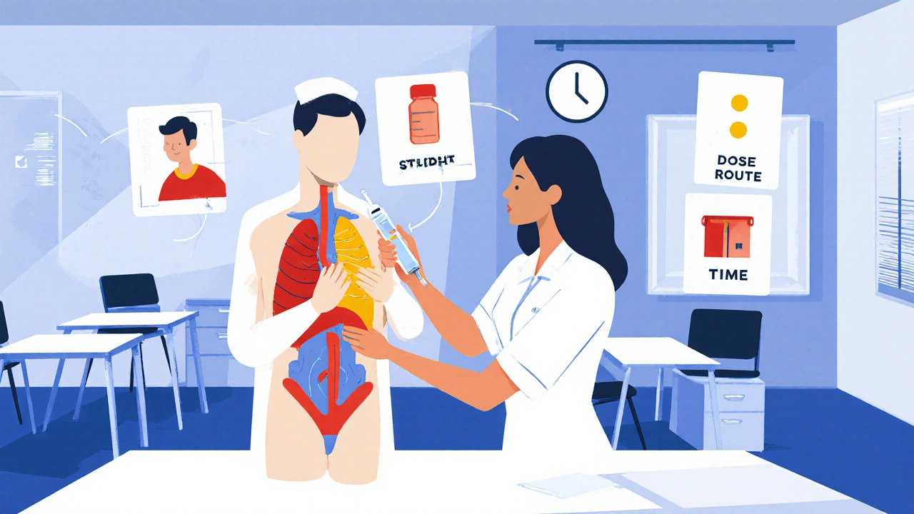 Nurse training teacher to use epinephrine injector with color-coded icons representing the Five Rights.