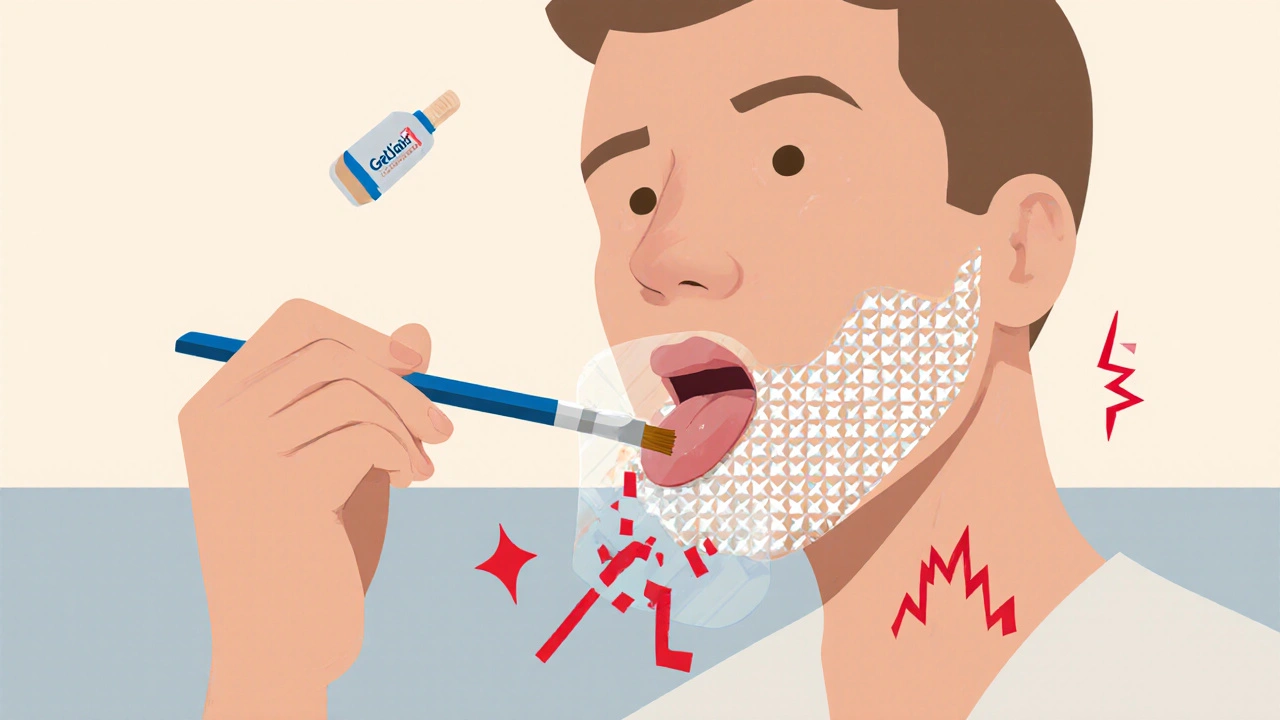 Patient applying protective gel to mouth sores, with pain symbols dissolving under a geometric film.