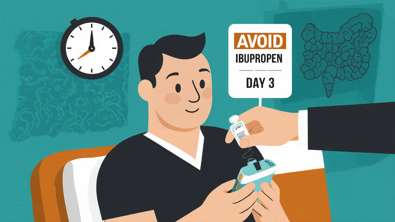 Patient checking INR with doctor offering clindamycin, warning against ibuprofen