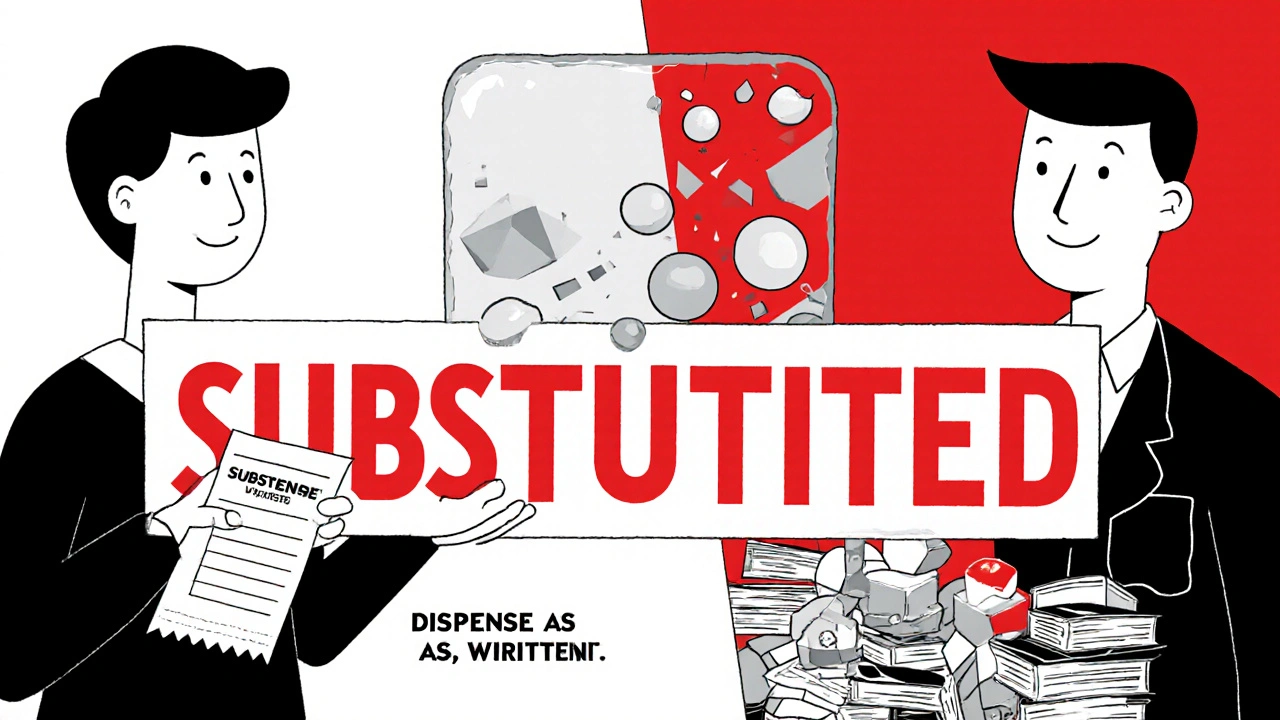 Patient holding receipt with &#039;SUBSTITUTED&#039; as pill dissolves into abstract shapes, doctor and law books in background.