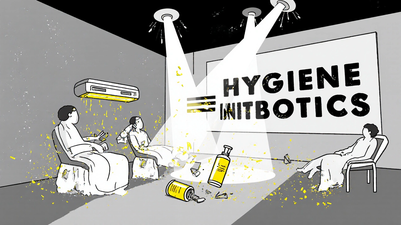 Patients washed with chlorhexidine under UV light as discarded antibiotics crumble.