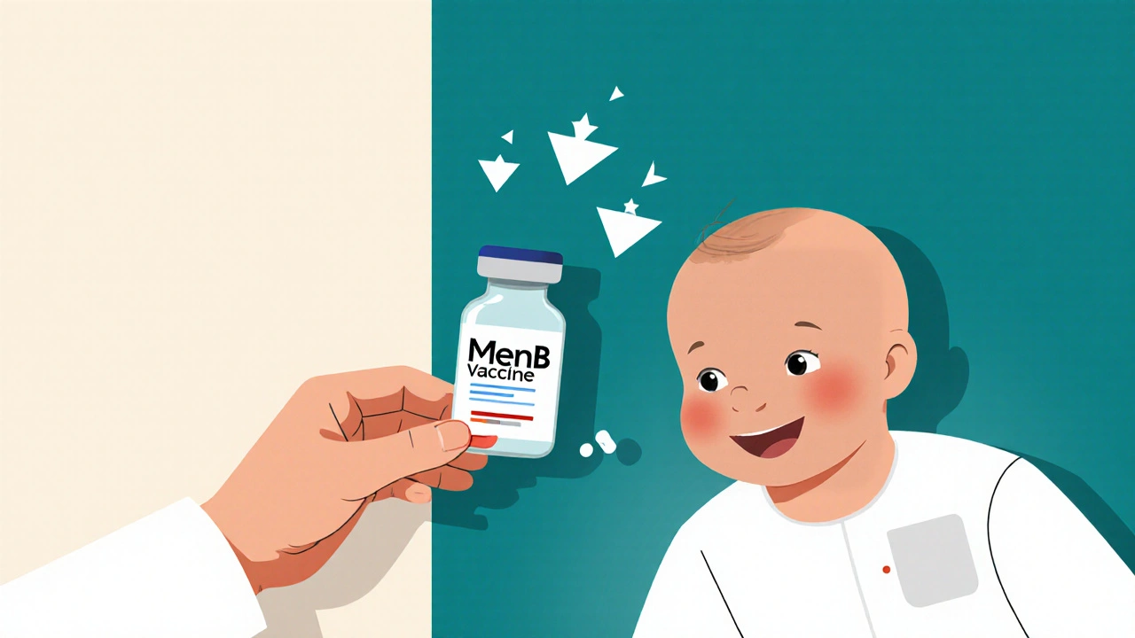 Pediatrician placing fever medicine next to MenB vaccine with geometric fever symbols fading