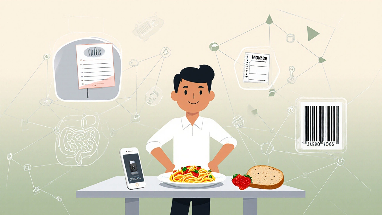 Person enjoying pasta and strawberries with diet tools floating nearby in abstract Bauhaus design.