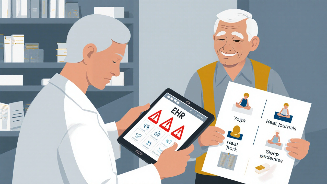 Pharmacist reviewing EHR alerts in ER while senior holds non-drug therapy alternatives as abstract shapes.