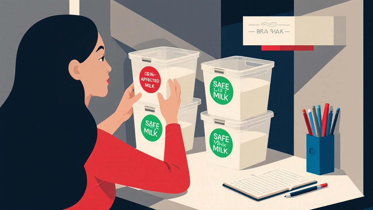 Refrigerator with separated bins for medicated and safe breast milk.