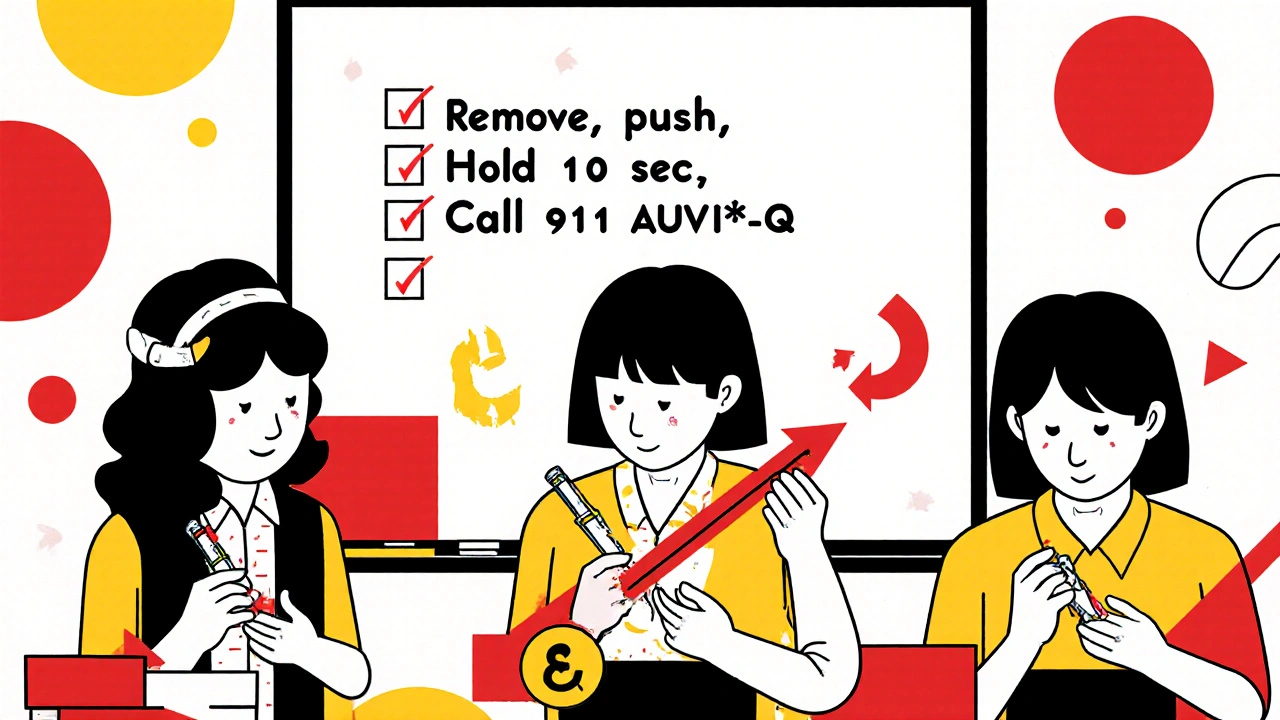 School staff practicing epinephrine injection on mannequins with labeled device orientation