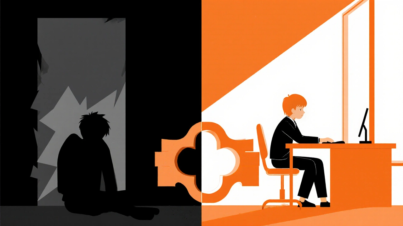 Split illustration showing a teen in darkness versus light, connected by geometric forms representing monitored treatment.