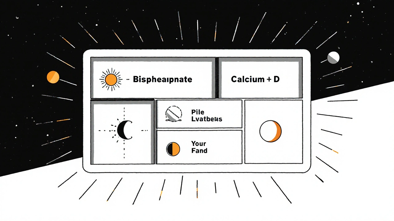 Weekly pill organizer with bisphosphonate and calcium compartments separated by time symbols.