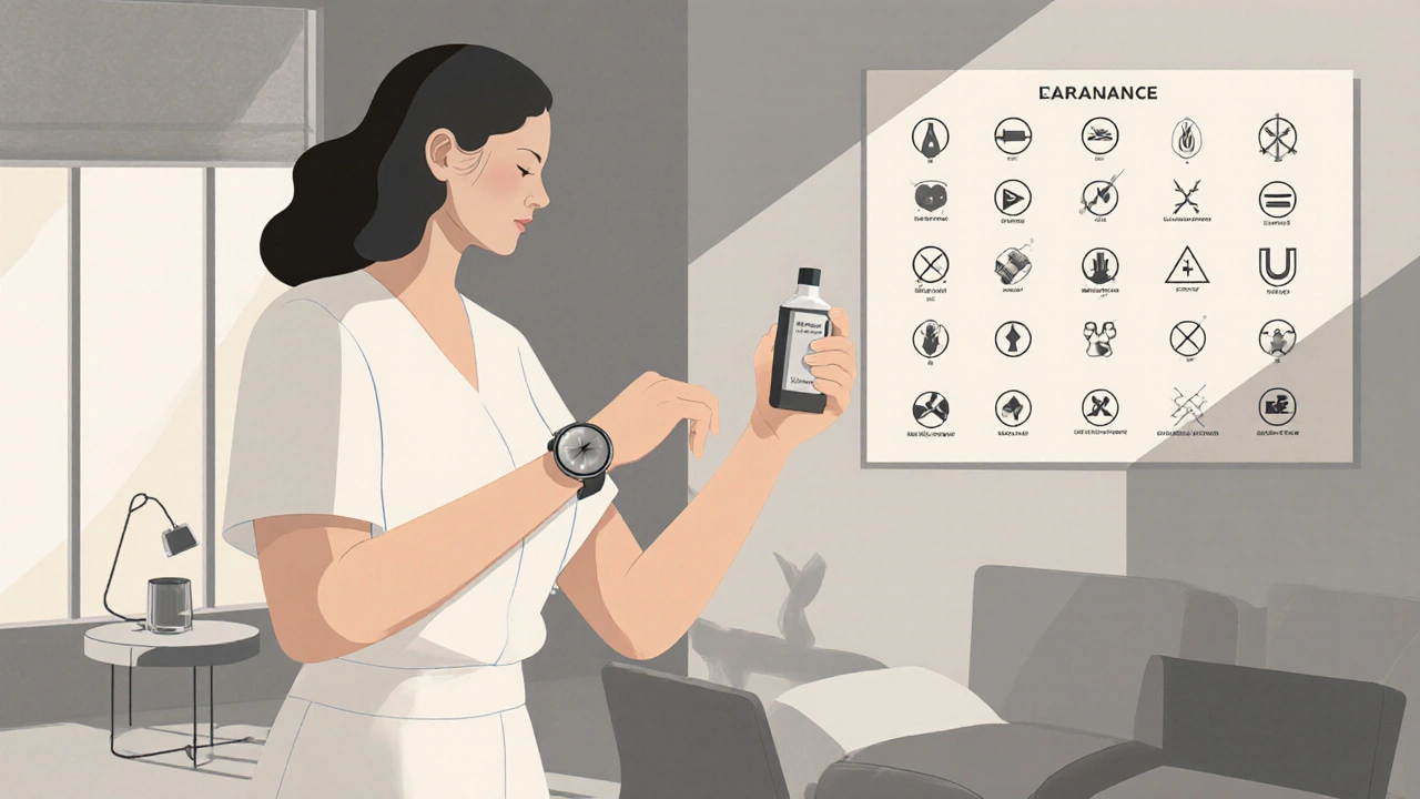Woman holding nickel-free watch and fragrance-free lotion, symbolizing allergy avoidance success.