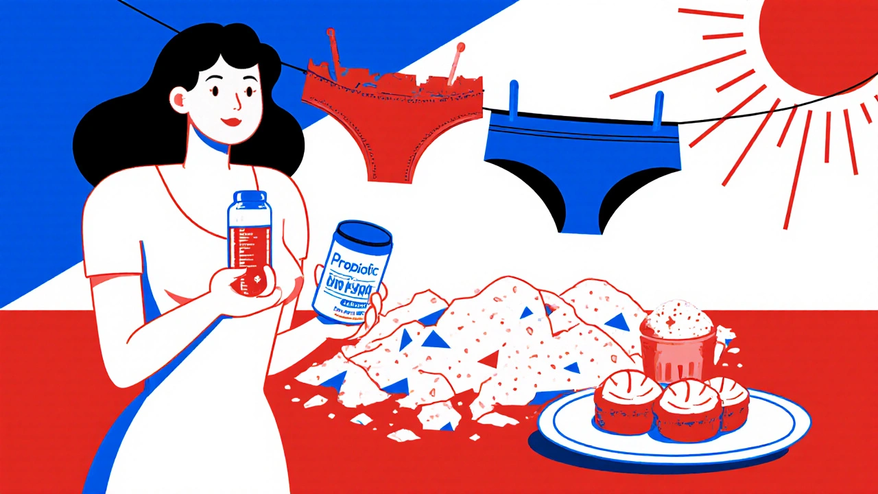 Woman holding probiotic and antifungal, with cotton underwear and healthy foods nearby in clean lines.