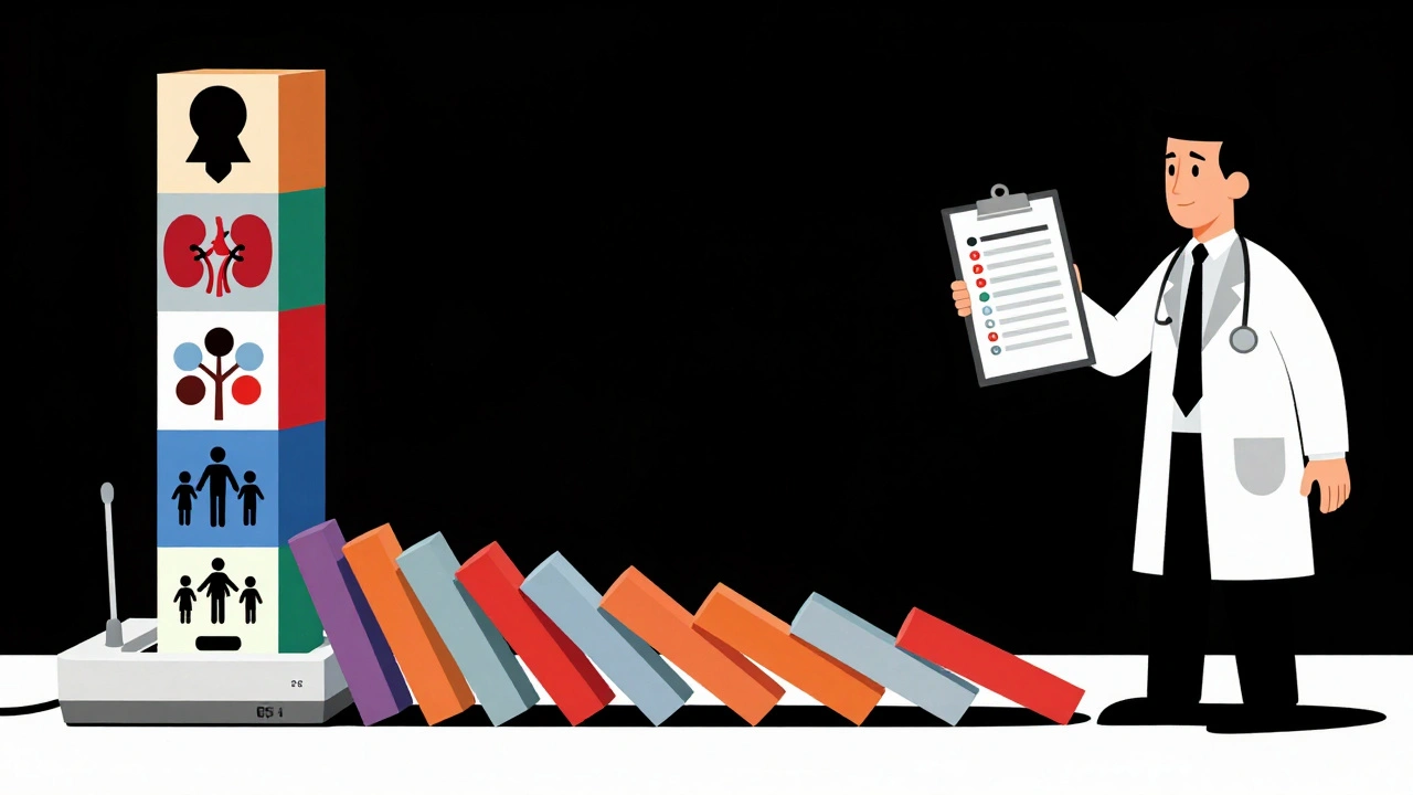 14 risk factor blocks toppling toward an ECG machine in geometric Bauhaus illustration.