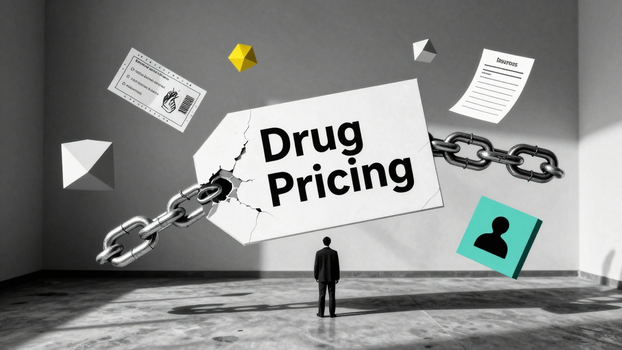 A broken drug pricing chain replaced by coupons and forms, with a figure beneath a falling price tag.