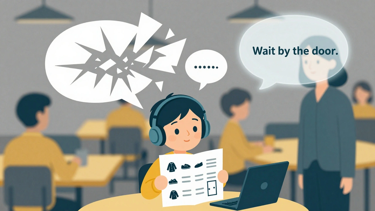 A child in a noisy cafeteria wearing headphones and holding a visual checklist, with fragmented speech around them.