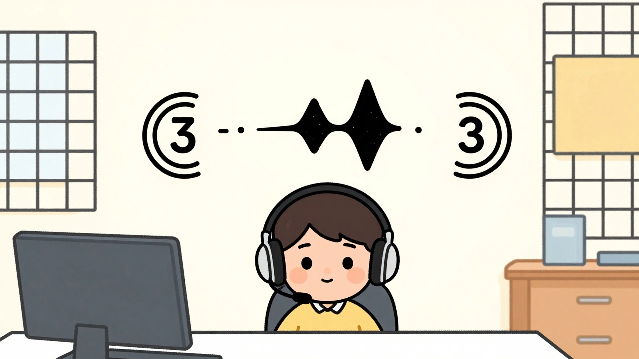 A child in headphones undergoing auditory tests with geometric sound patterns floating around them.