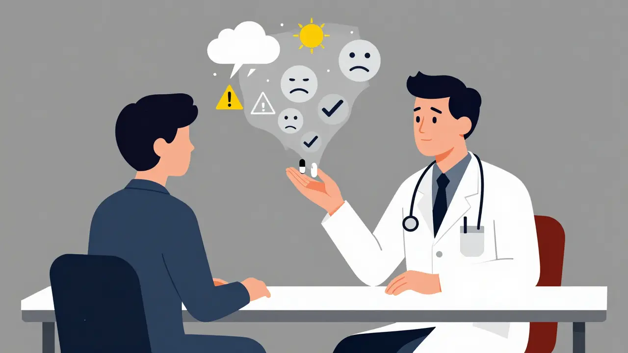 A doctor and patient at a modernist table with identical pills, negative symbols fading into positive shapes above the patient's head.