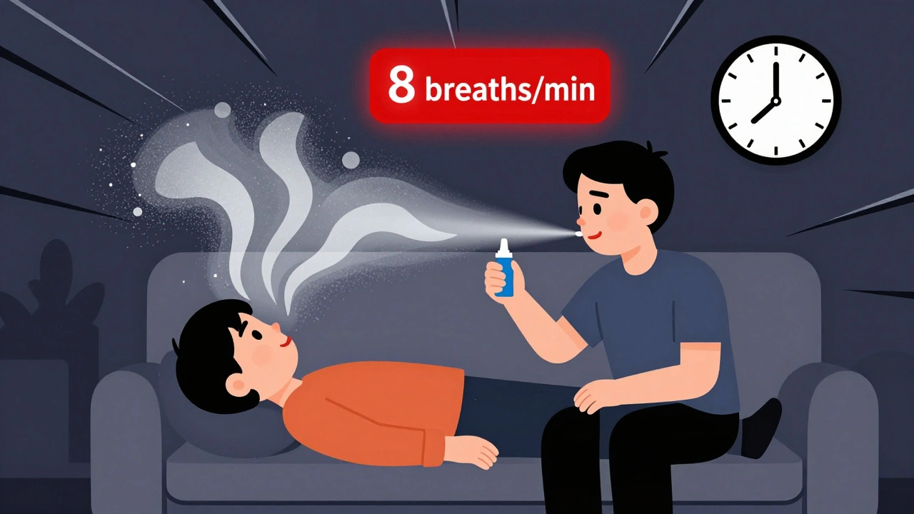 A family member giving naloxone nasal spray to an unresponsive person, with fading breath waves and a time indicator.