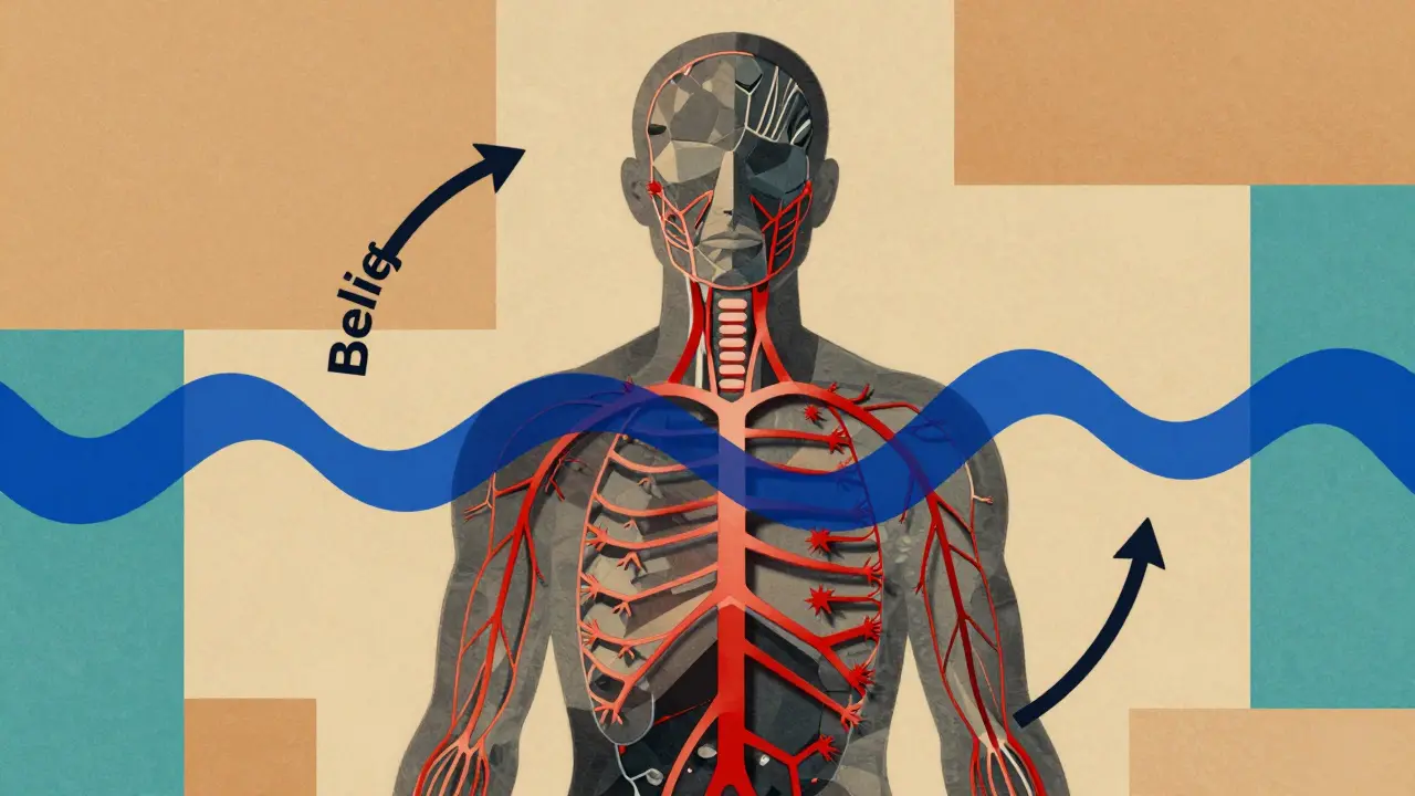 A human silhouette filled with nervous system shapes, red pain spikes turning into blue waves as a belief circle rotates nearby.
