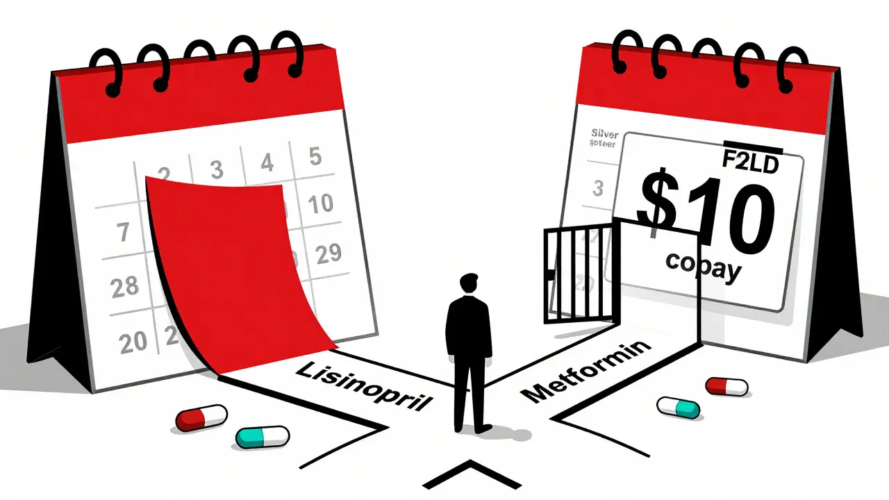 A person choosing between two health plan paths with deductible walls and copay signs.