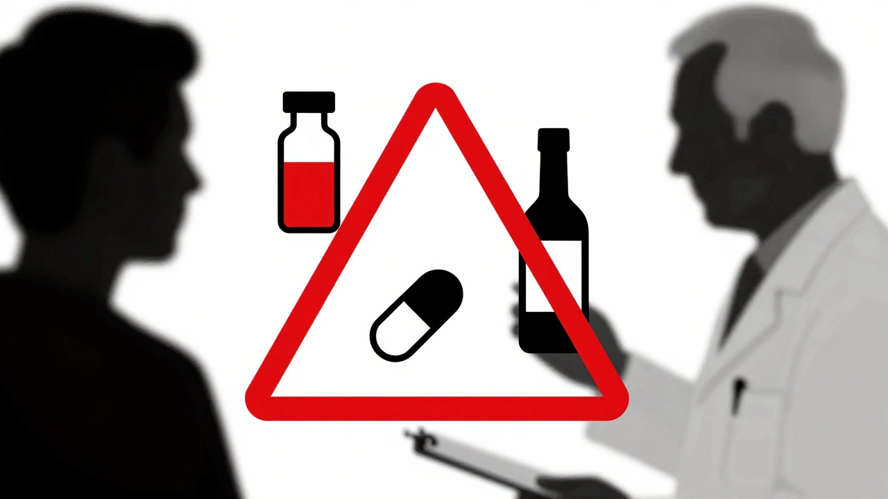 A pharmacist identifying dangerous drug interactions with geometric icons and a red warning line.