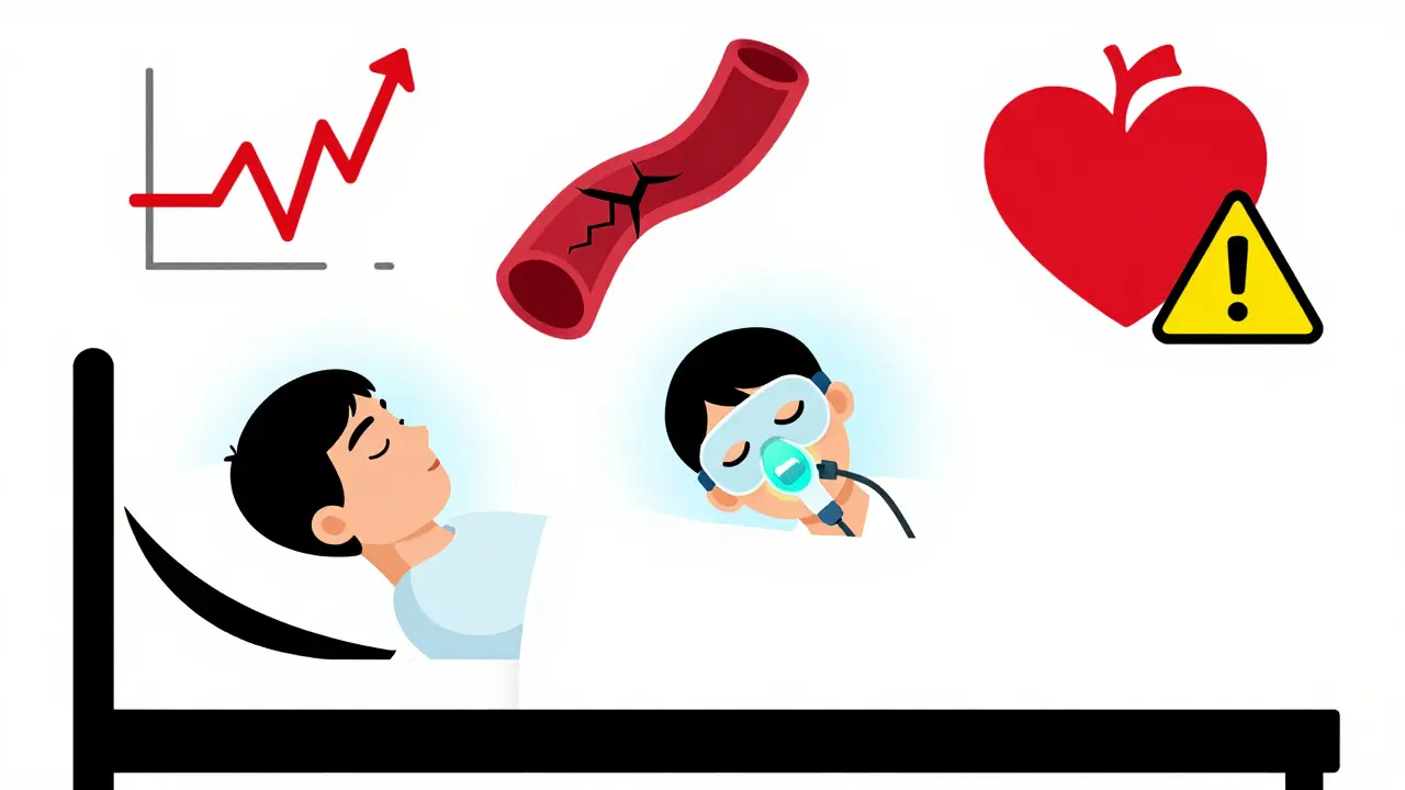 Bed scene with two sleepers: one calm, one with CPAP mask; floating medical icons show blood pressure, artery damage, and heart warning.