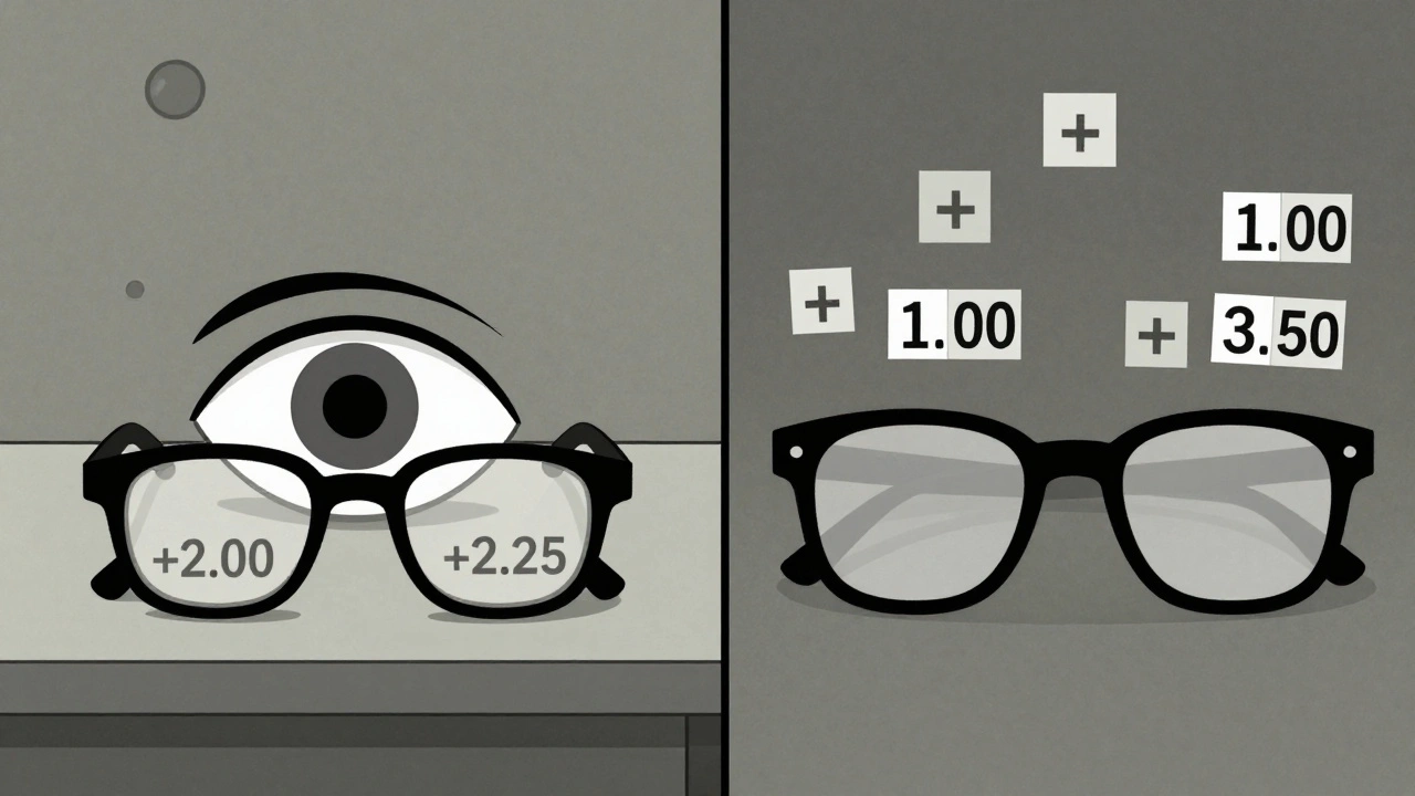 Comparison of mismatched over-the-counter glasses versus perfectly balanced prescription glasses in Bauhaus geometric design.