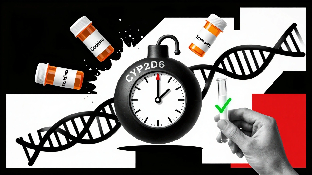 DNA bomb ticking with codeine pills exploding, replaced by a glowing genetic test tube.
