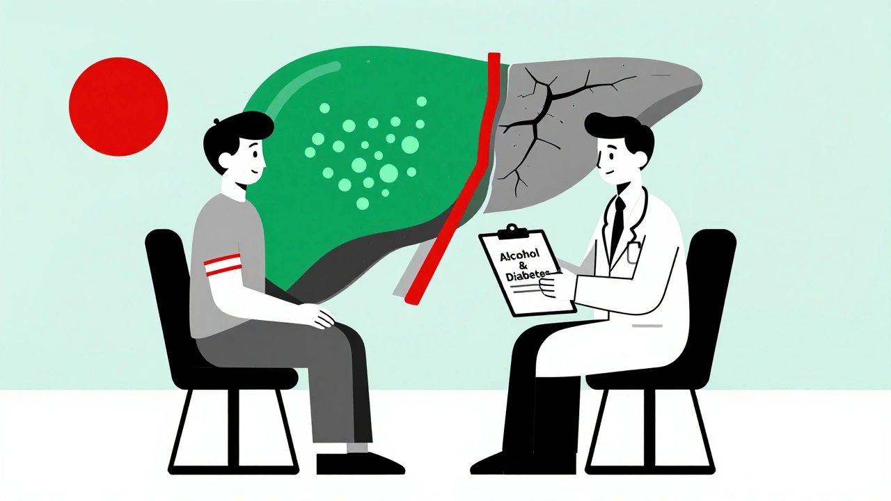 Doctor and patient discussing alcohol risks, split liver showing healthy vs. damaged states in abstract Bauhaus design.