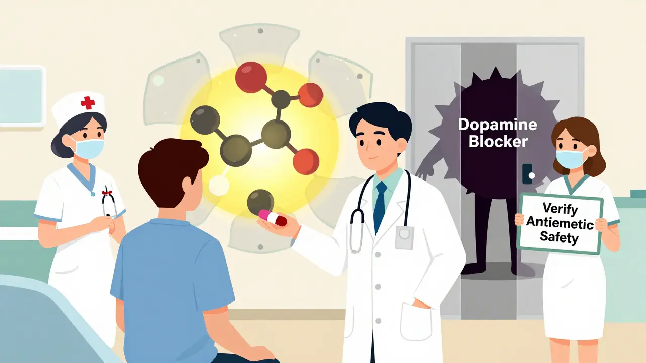 Doctor giving ginger capsule to Parkinson’s patient while dopamine molecule glows safely behind protective shields