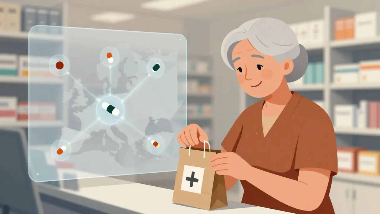 Elderly woman collecting medication in Slovenia, with transparent digital trail showing cross-border journey of her prescription.