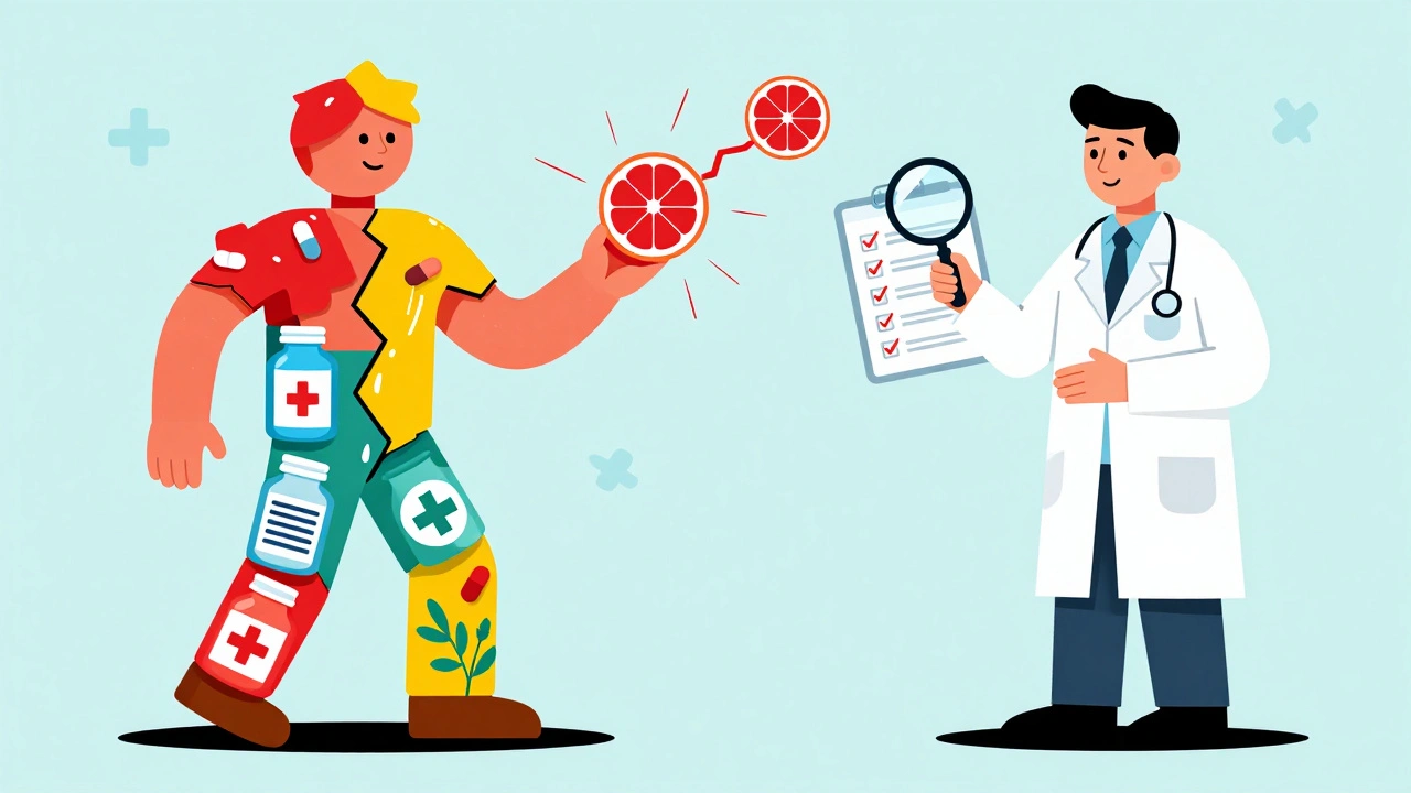 Fragmented human figure made of pills and supplements with glowing interaction cracks