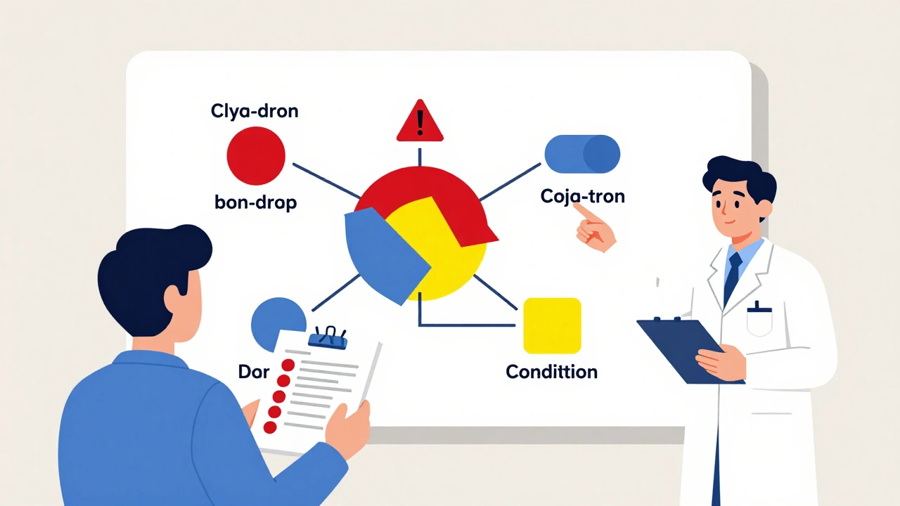Geometric flowchart showing drug interactions in primary colors on a pharmacy wall