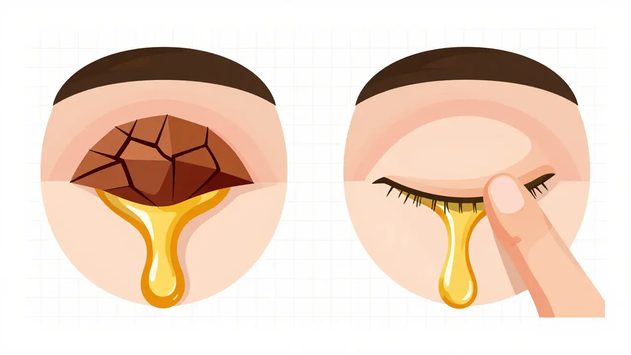 Geometric illustration of clogged vs. liquefied oil glands with gentle massage.