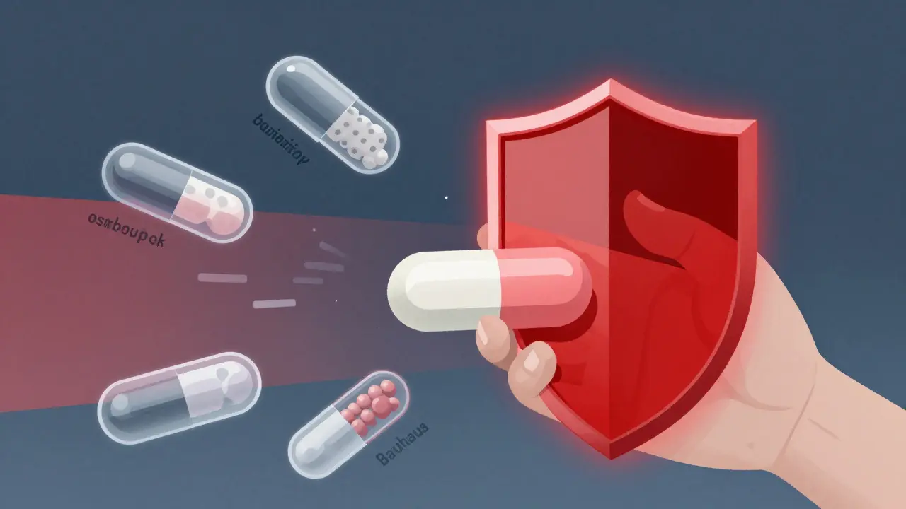 Hand blocked from crushing a pill by a red shield, with floating release mechanism designs.