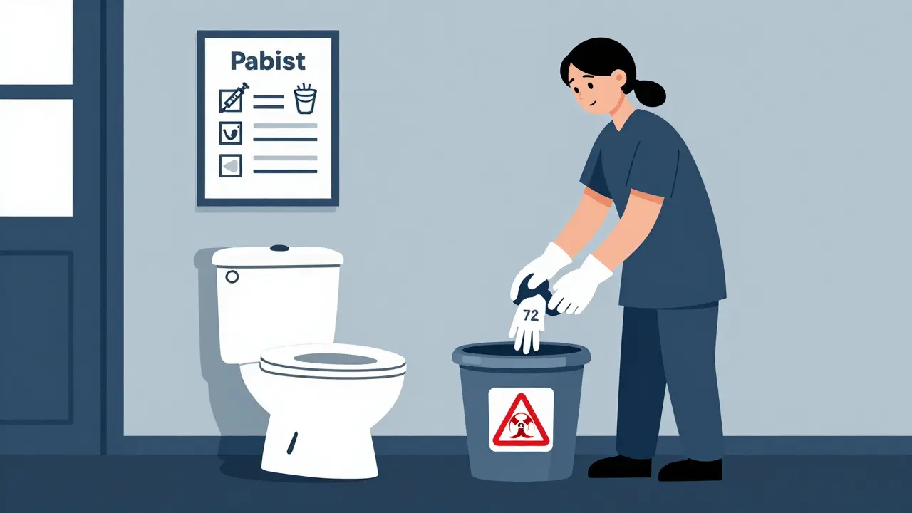 Home caregiver flushing toilet and following safety checklist with icons for hazardous waste and laundry.